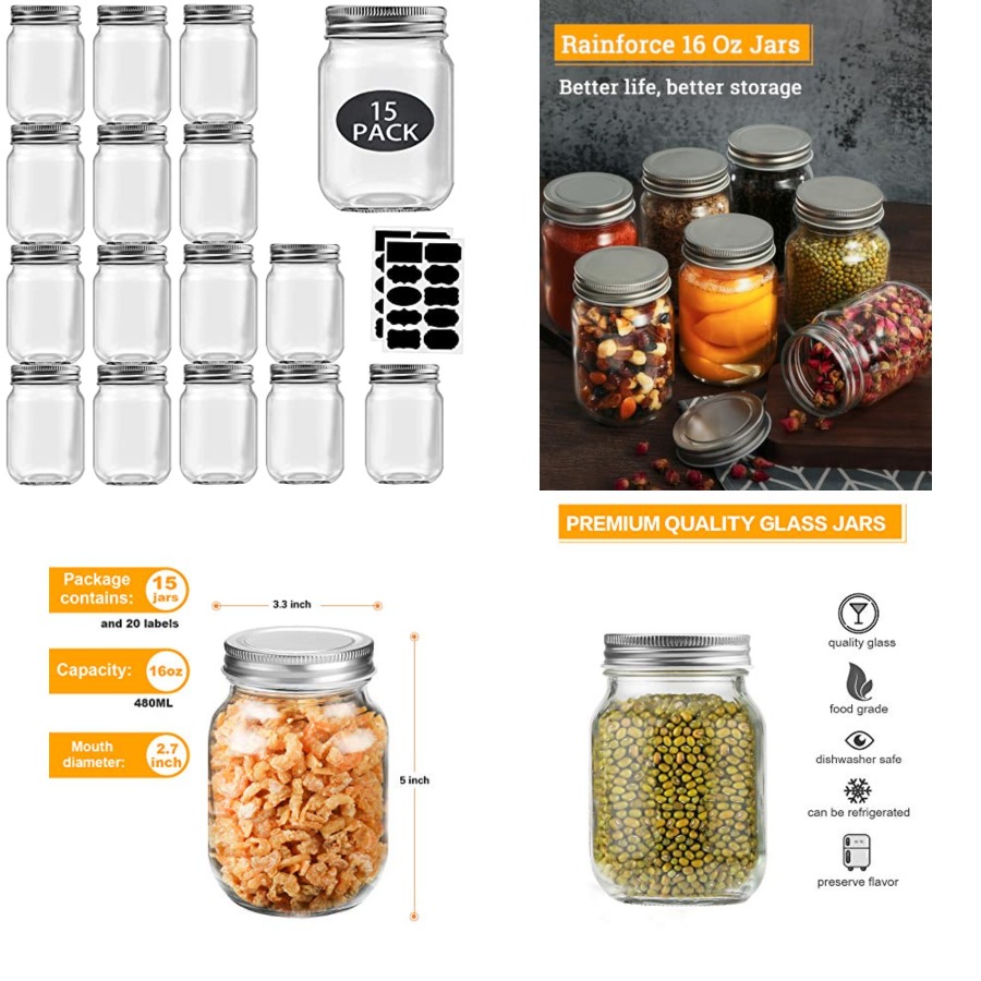 Meal Prep Bulking - 16 oz Mason Kavanozları Kapaklı Normal